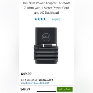 NWT Dell Slim Power Adapter 65W 7.4 mm with 1 meter power cord and AC Duckhead